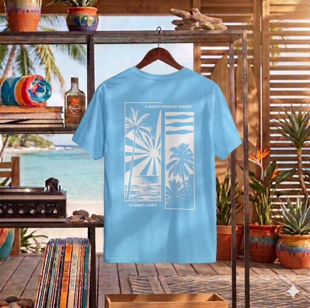 Camiseta de palmeras tropicales al atardecer | Camiseta gráfica de playa costera