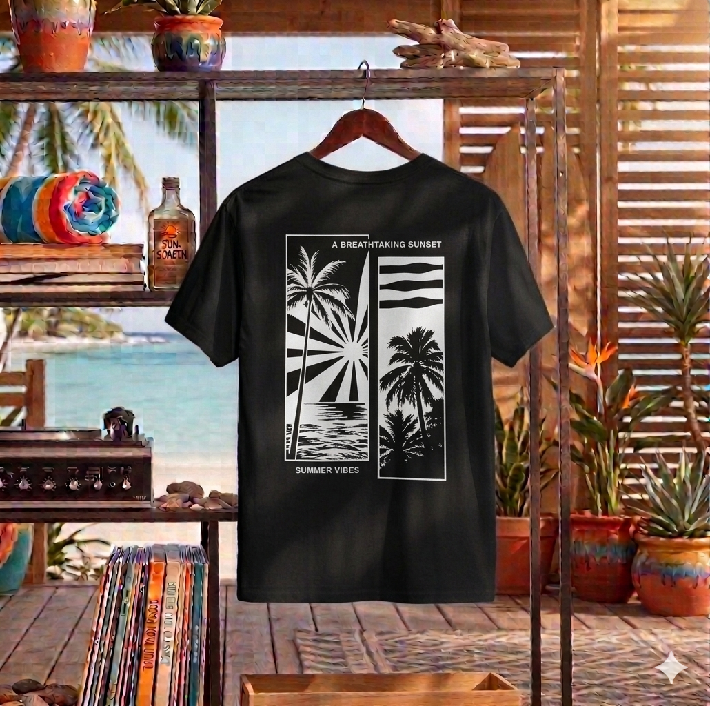 Camiseta de palmeras tropicales al atardecer | Camiseta gráfica de playa costera
