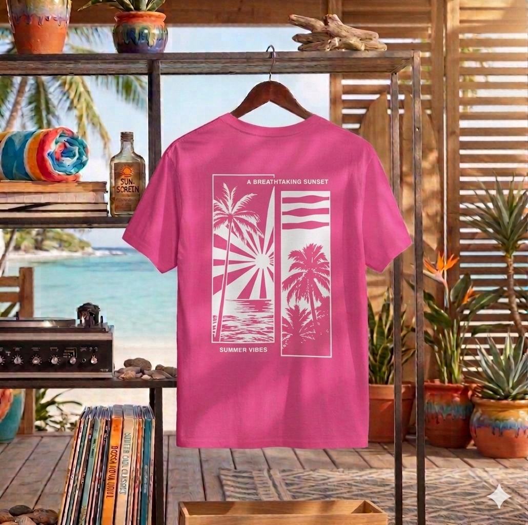 Camiseta de palmeras tropicales al atardecer | Camiseta gráfica de playa costera