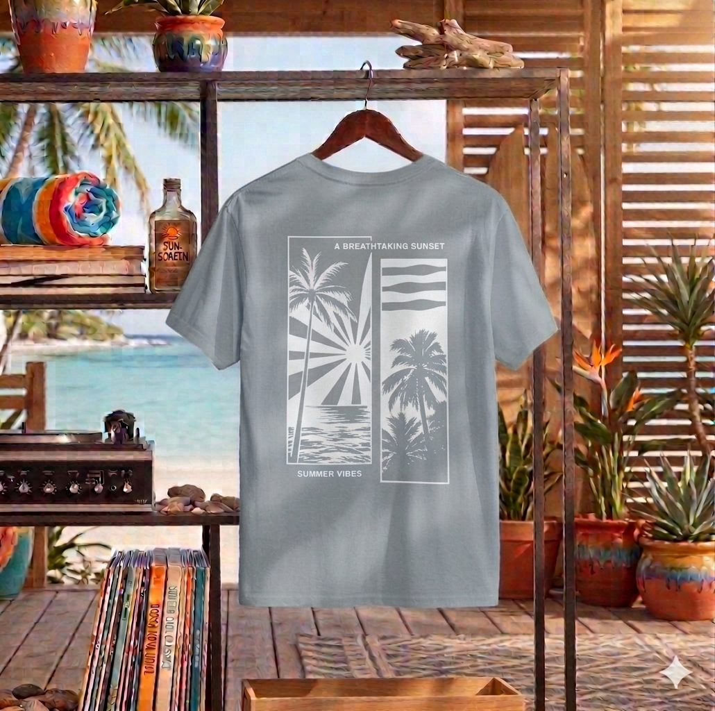 Camiseta de palmeras tropicales al atardecer | Camiseta gráfica de playa costera